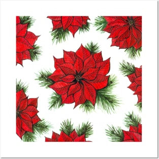 Poinsettia and fir branches pattern Posters and Art